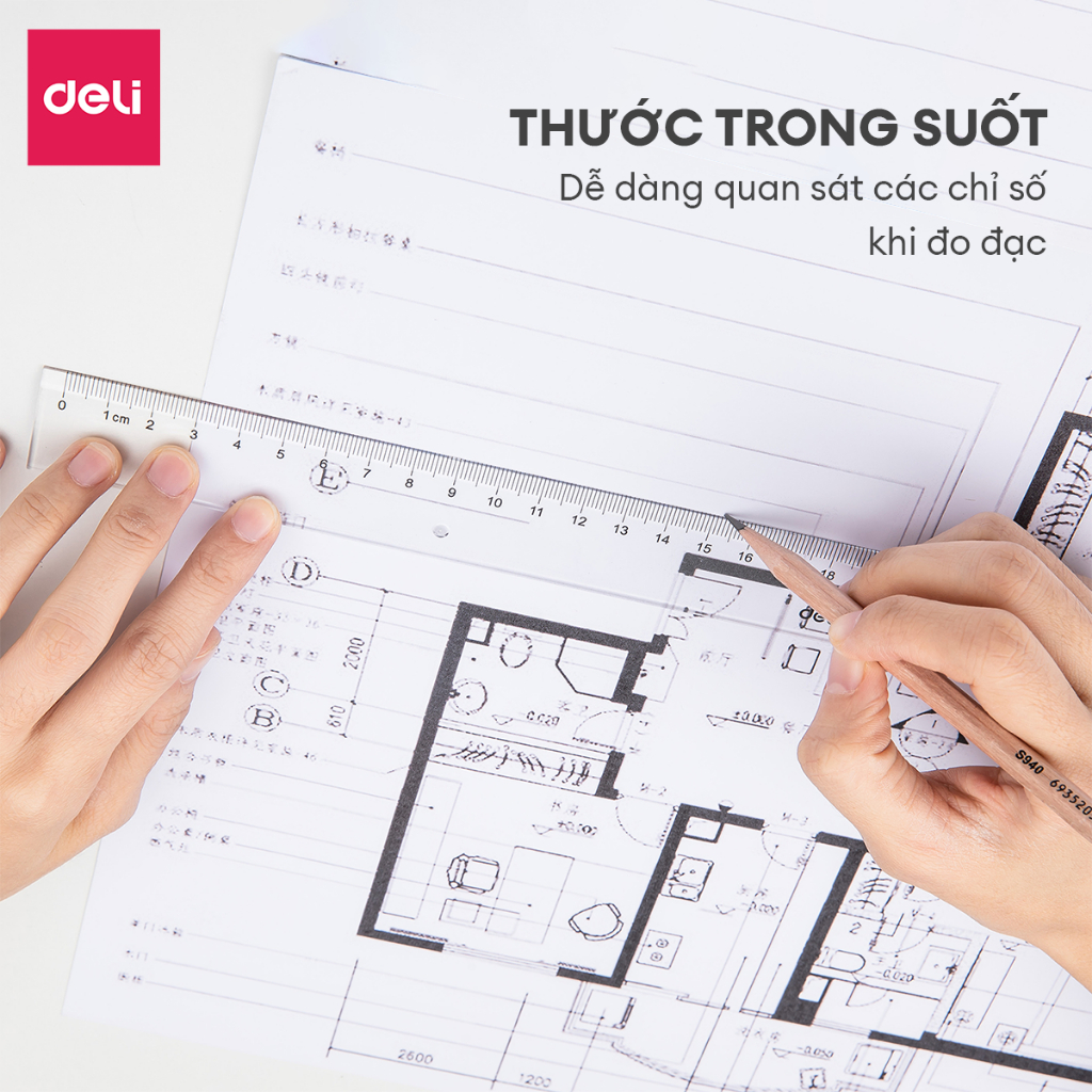 Ảnh Thước kẻ trong suốt Deli - 18/ 20/ 30cm - Chất liệu PS bền chống trầy xước - Phù hợp với học sinh dân văn phòng học tập 3