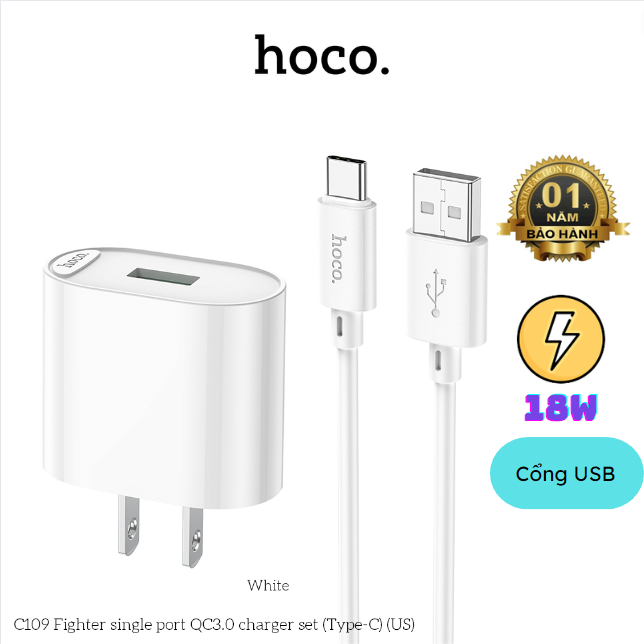 Bộ Sạc Nhanh Hoco C109, USB to Type C, Công Suất 18W, Chất Liệu PC ...
