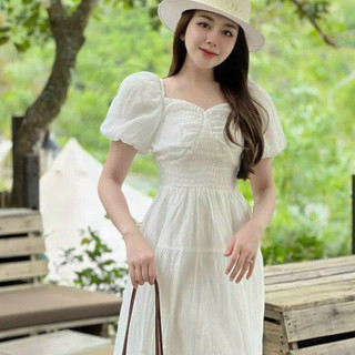 Đầm thời trang nữ mặc đi chơi chất lụa 100D cổ vuông tay búp phồng nhún eo váy xoè maxi dài qua gối 4 màu QC