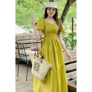 Đầm thời trang nữ mặc đi chơi chất lụa 100D cổ vuông tay búp phồng nhún eo váy xoè maxi dài qua gối 4 màu QC