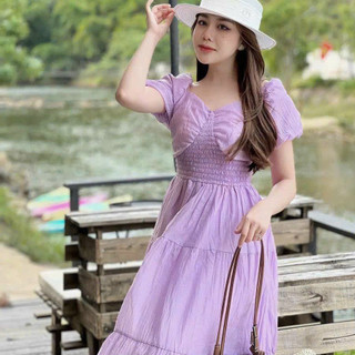 Đầm thời trang nữ mặc đi chơi chất lụa 100D cổ vuông tay búp phồng nhún eo váy xoè maxi dài qua gối 4 màu QC