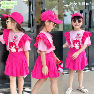 ❌❌XẢ 10/12KG❌❌ Set chân váy kaki xếp ly kèm áo cotton 4C gấu dâu Loso cho bé đi học, đi chơi, đi tiệc Sofia Candy