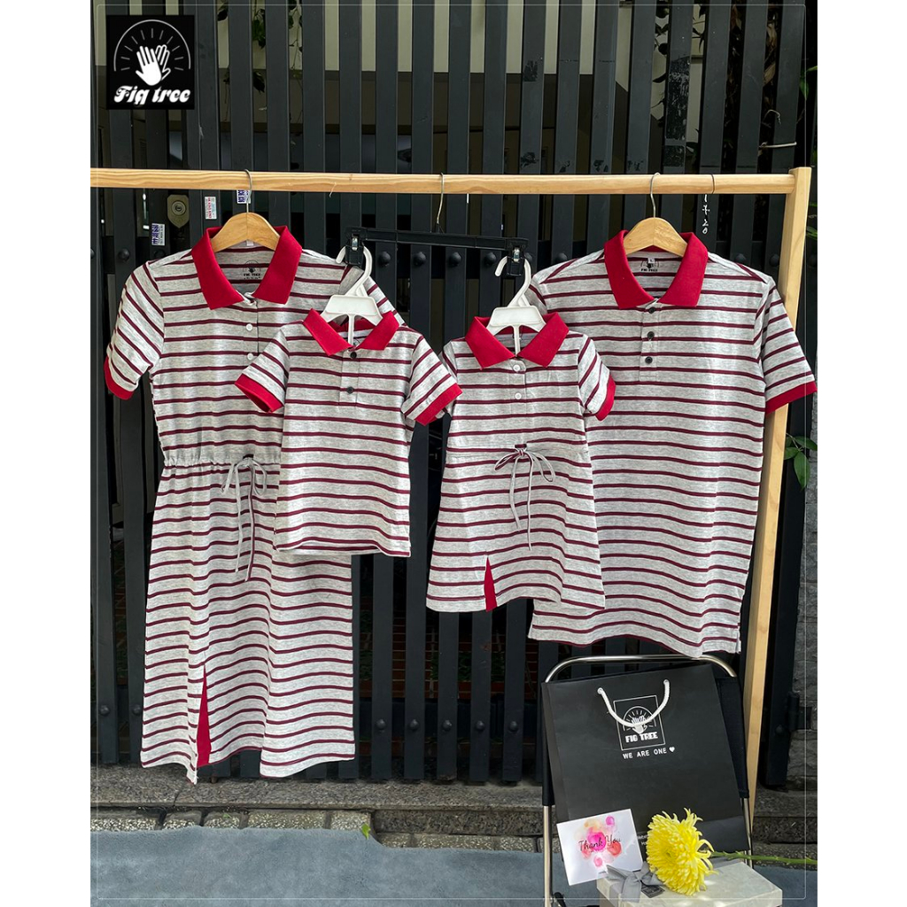 Set Áo Gia Đình Fig Tree Thun Polo Sọc Đỏ Xám Cotton Dày Dặn, Thoáng Mát, Năng Động Mùa Hè