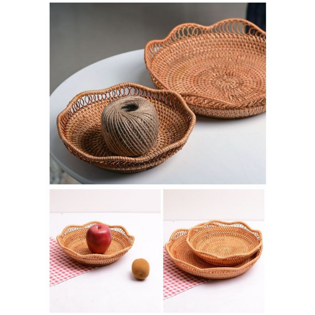Rổ mây tròn viền hoa ONGTRE đựng hoa quả, đồ khô, decor trang trí