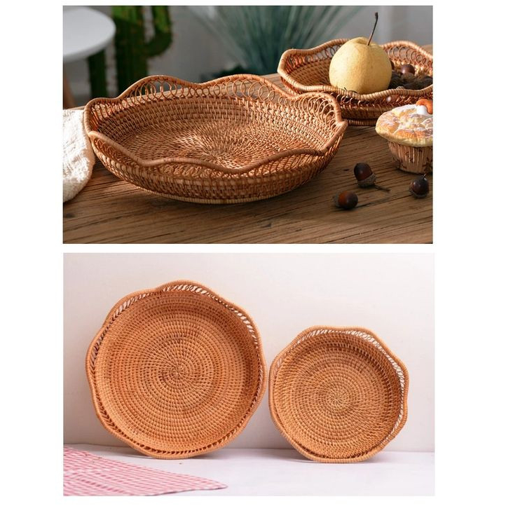 Rổ mây tròn viền hoa ONGTRE đựng hoa quả, đồ khô, decor trang trí