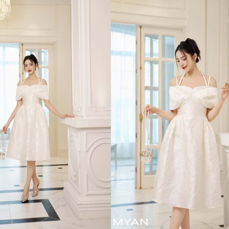 MYAN DESIGN Váy Gấm Lụa 2 Dây Trễ Vai Dáng Dài Bồng Xoè Có Lớp Lót ...