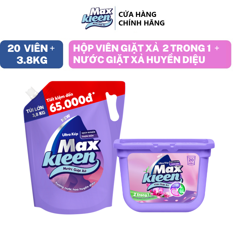 Ảnh Combo Túi Nước Giặt Xả MaxKleen Huyền Diệu 3.8kg + Hộp Viên Giặt Xả Huyền Diệu (20 viên/hộp) 1