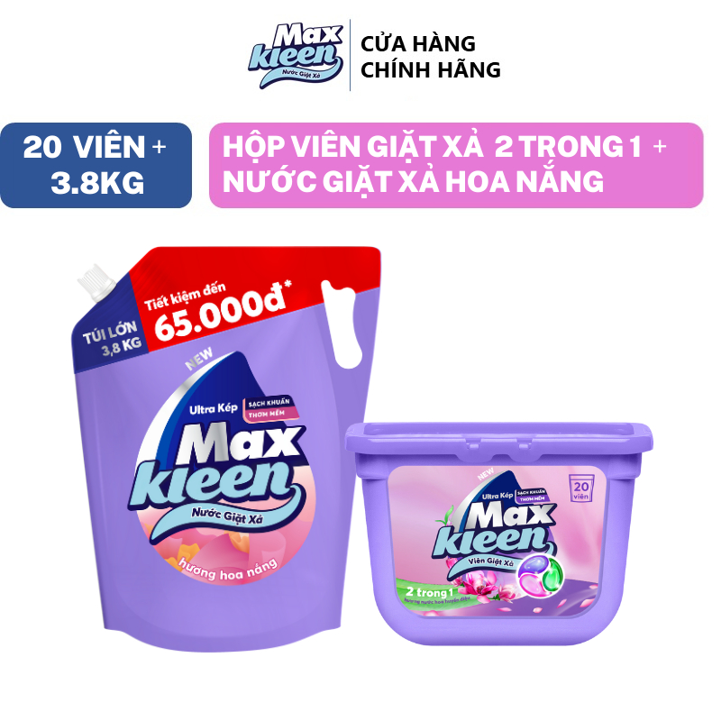 Ảnh Combo Túi Nước Giặt Xả MaxKleen Hoa Nắng 3.8kg + Hộp Viên Giặt Xả Huyền Diệu (20 viên/hộp) 1