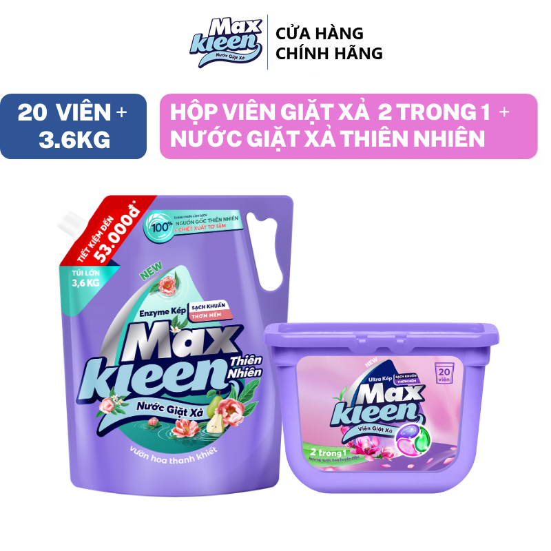 Ảnh Combo Túi Nước Giặt Xả MaxKleen Thiên Nhiên 3.6kg + Hộp Viên Giặt Xả Huyền Diệu (20 viên/hộp) 1