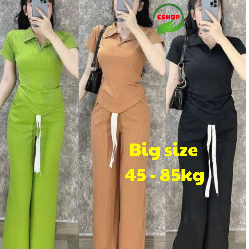 Đồ Bộ Nữ Quần Ống Rộng Bigsize Vải Thun Gân Tăm Thái Mịn Mát Áo Tay Lỡ Vạ Bầu Cổ Polo Set Đồ Nữ Đẹp Sang Chảnh ESHOP TT8