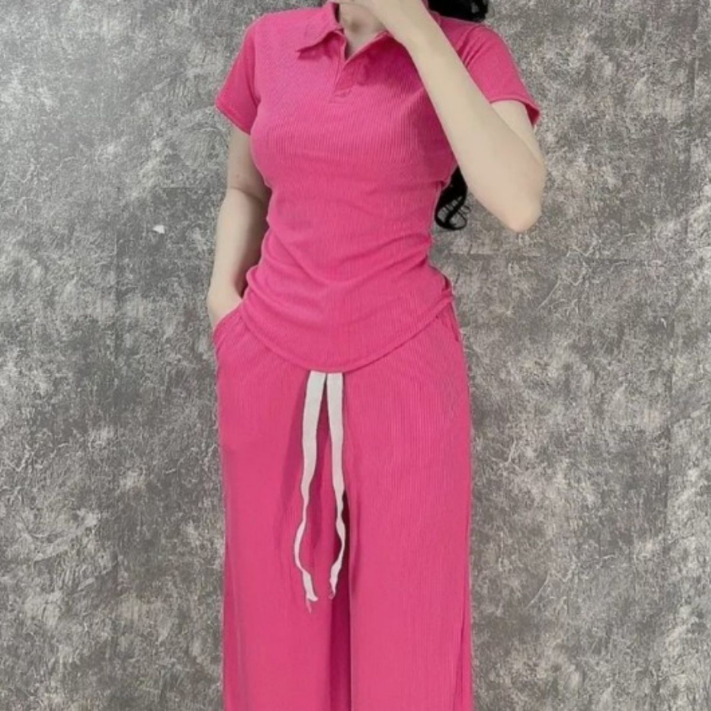 Đồ Bộ Nữ Quần Ống Rộng Bigsize Vải Thun Gân Tăm Thái Mịn Mát Áo Tay Lỡ Vạ Bầu Cổ Polo Set Đồ Nữ Đẹp Sang Chảnh ESHOP TT8