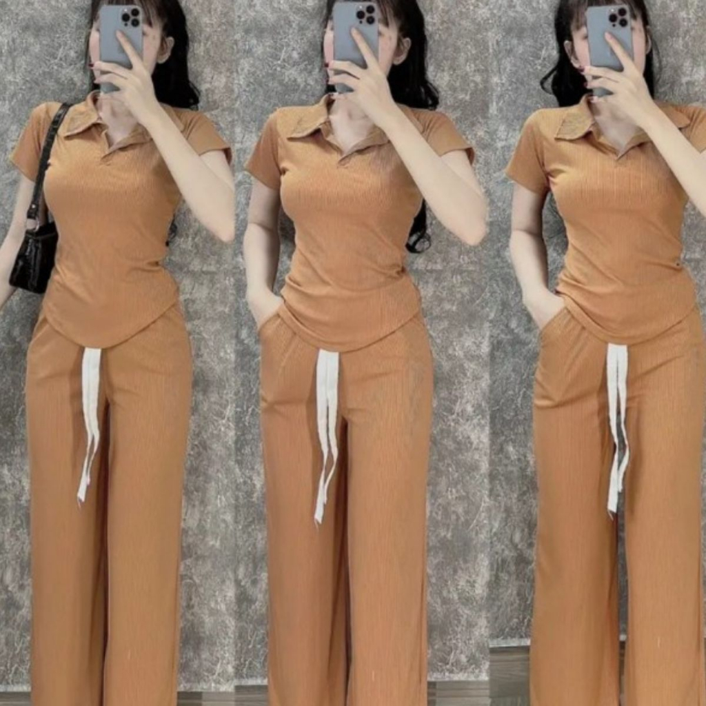 Đồ Bộ Nữ Quần Ống Rộng Bigsize Vải Thun Gân Tăm Thái Mịn Mát Áo Tay Lỡ Vạ Bầu Cổ Polo Set Đồ Nữ Đẹp Sang Chảnh ESHOP TT8