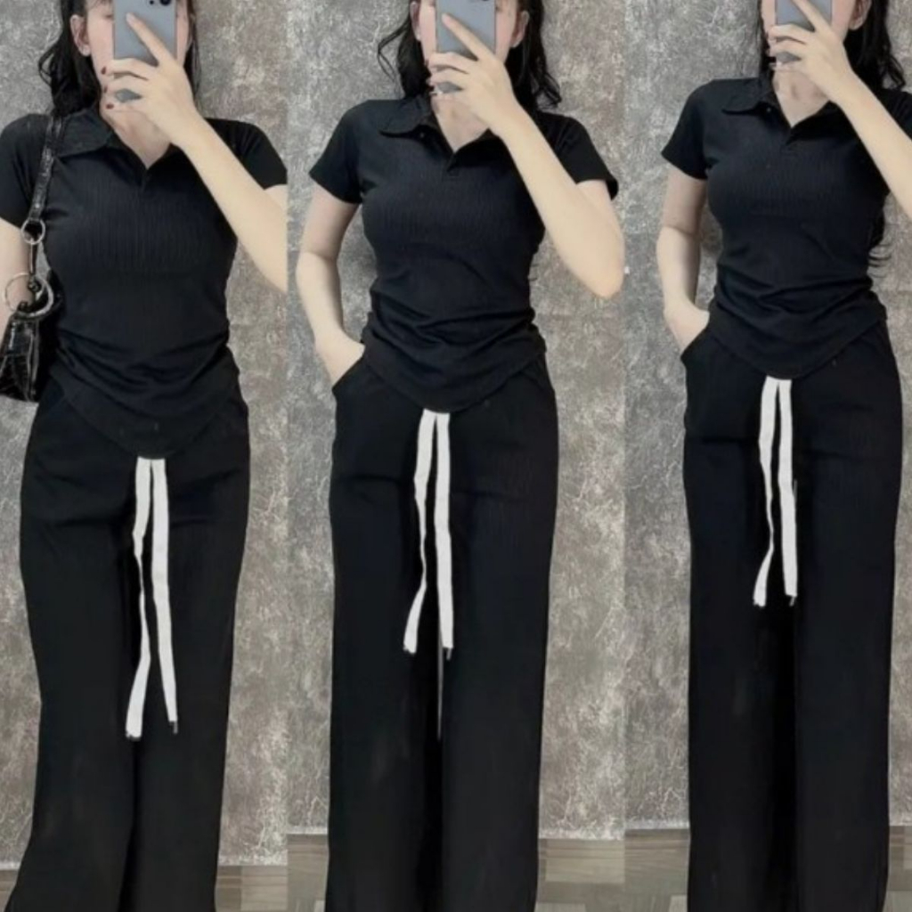 Đồ Bộ Nữ Quần Ống Rộng Bigsize Vải Thun Gân Tăm Thái Mịn Mát Áo Tay Lỡ Vạ Bầu Cổ Polo Set Đồ Nữ Đẹp Sang Chảnh ESHOP TT8