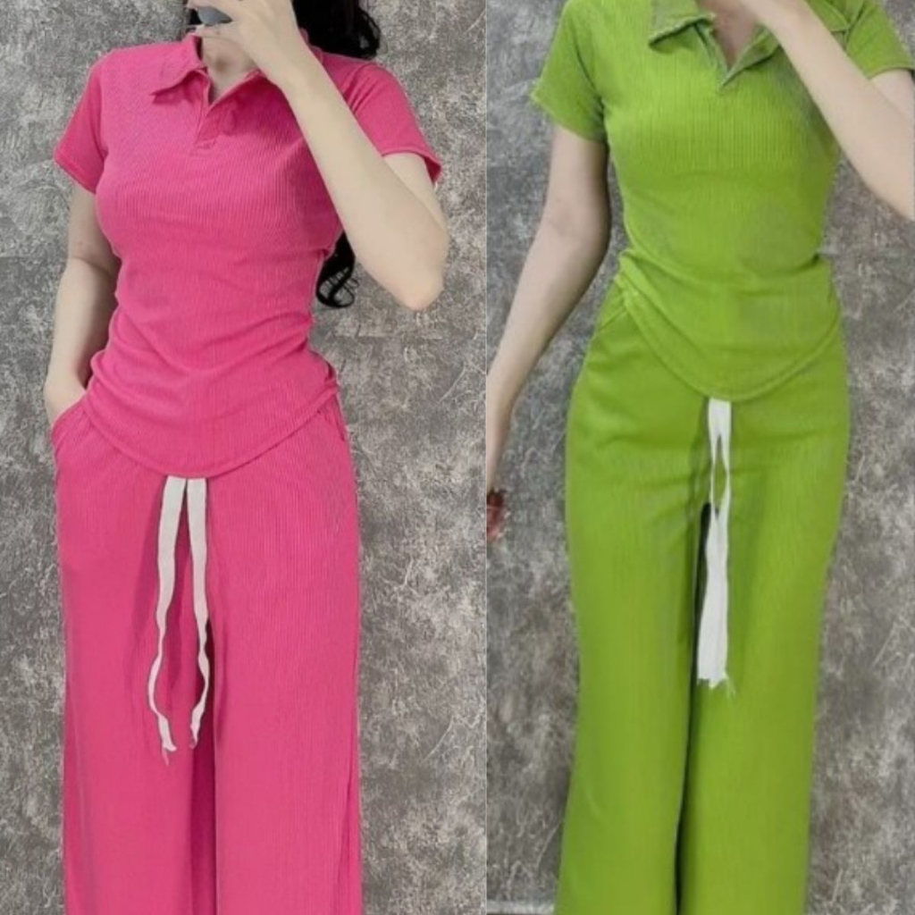 Đồ Bộ Nữ Quần Ống Rộng Bigsize Vải Thun Gân Tăm Thái Mịn Mát Áo Tay Lỡ Vạ Bầu Cổ Polo Set Đồ Nữ Đẹp Sang Chảnh ESHOP TT8