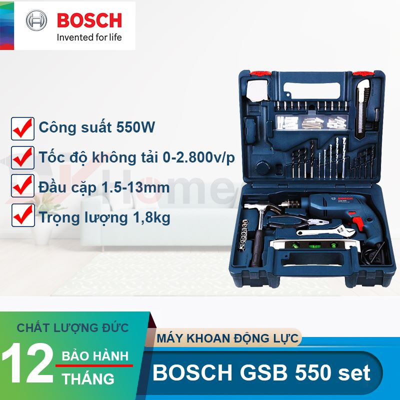 [Mã BMLTB200 giảm đến 100K đơn 499K] Bộ máy khoan động lực Bosch GSB 550 SET 100 món
