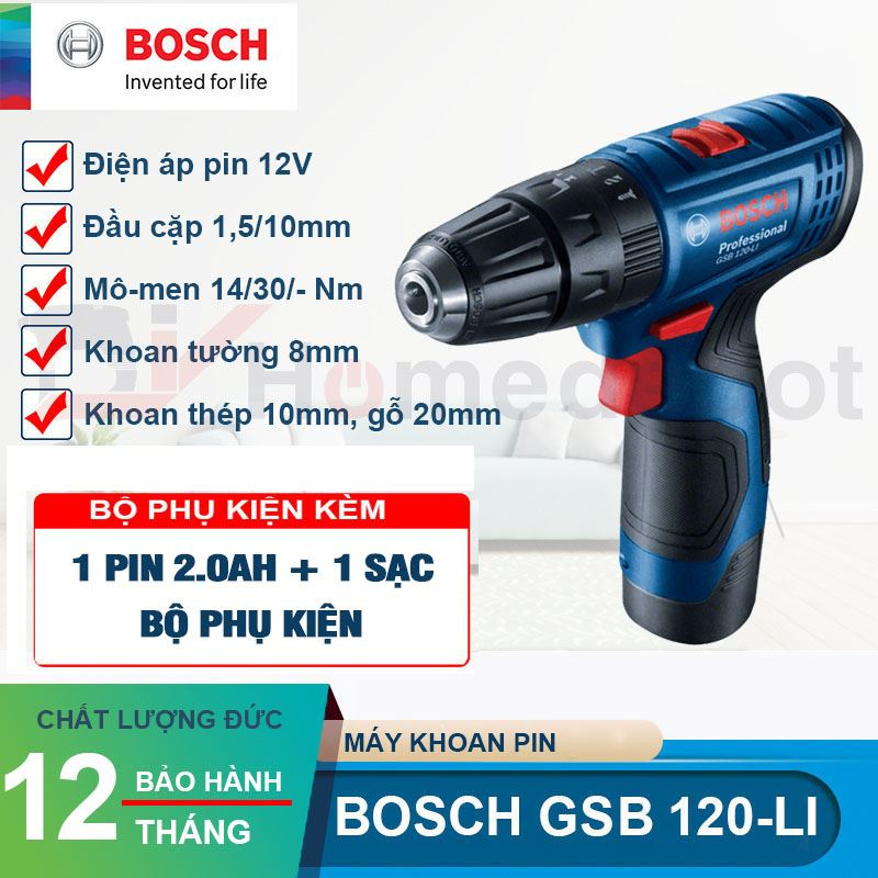 Máy khoan pin Bosch GSB 120-LI (1 pin 12V 2AH + 1 sạc + bộ mũi khoan ) - Hàng chính hãng