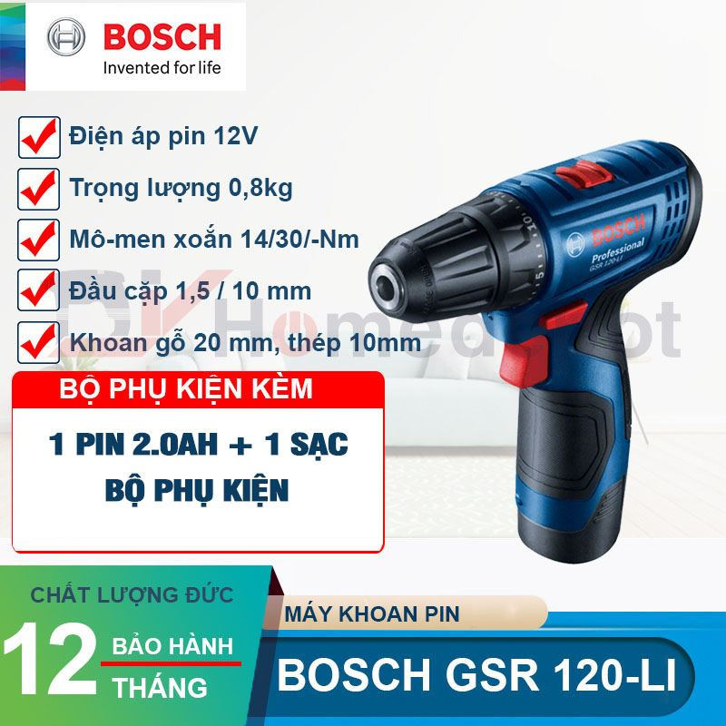 Máy Khoan Vặn Vít Dùng Pin Bosch GSR 120-LI (1 Pin, 1 Sạc) có kèm mũi khoan mũi vít