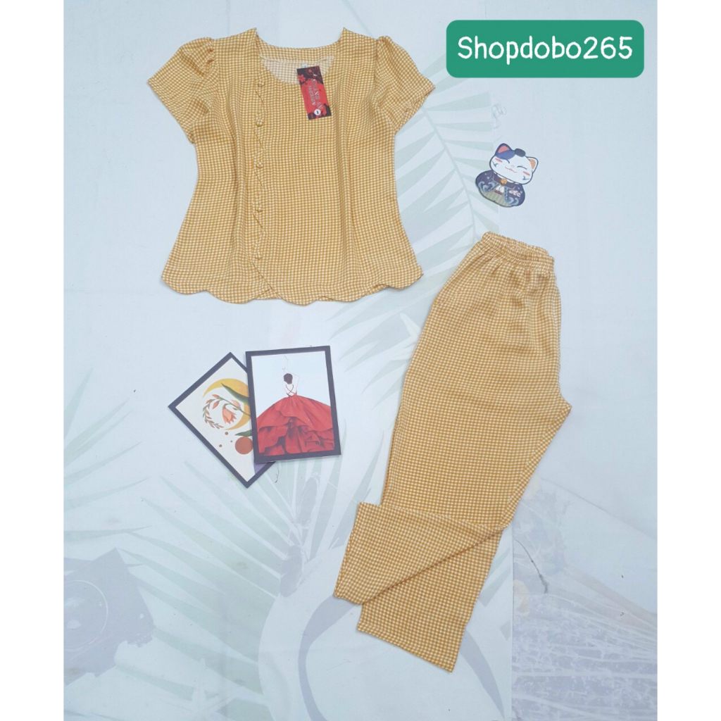 Đồ bộ nữ,đồ ngủ mặc nhà lửng 9 tấc vải lụa mango họa tiết sọc caro dễ thương size 45-65kg.