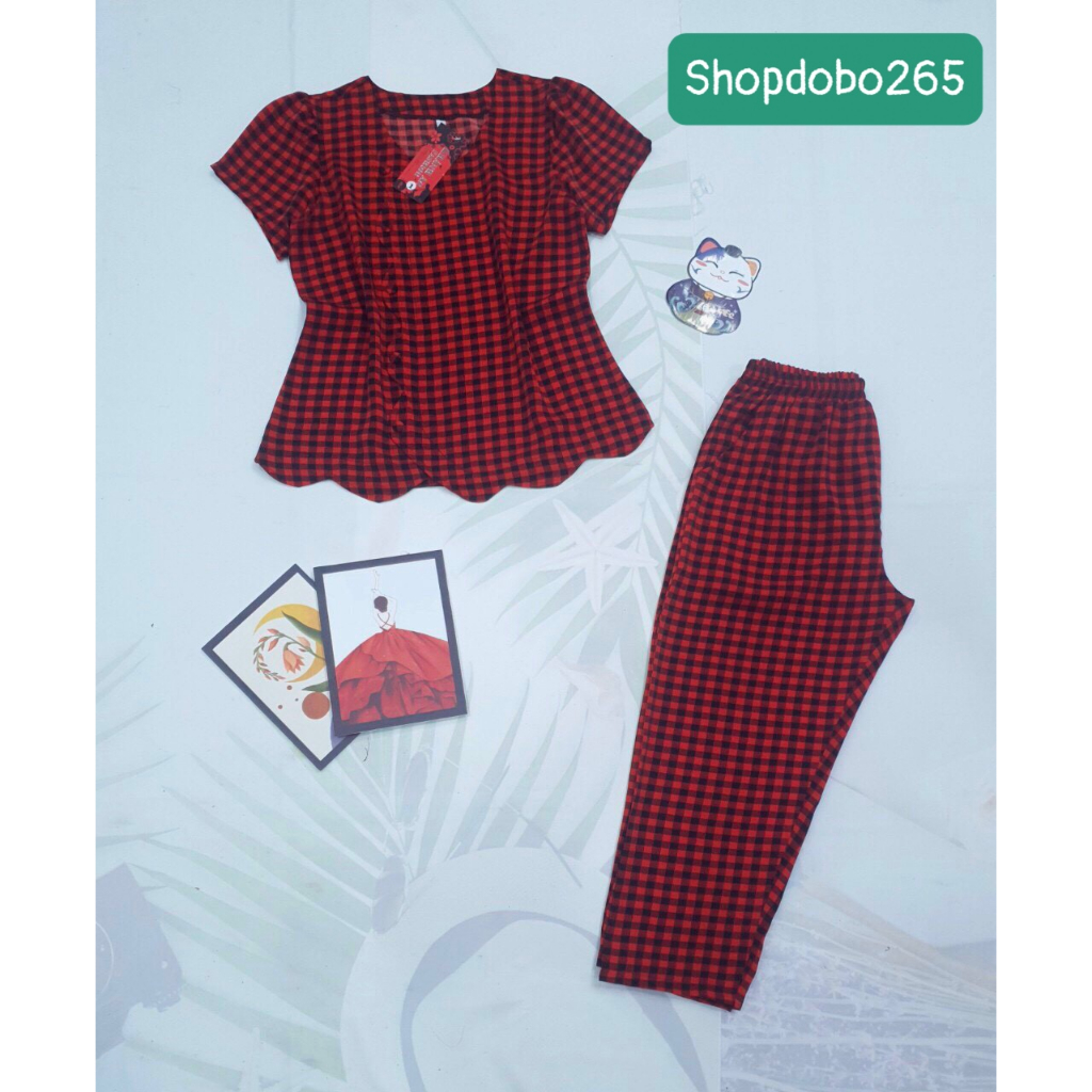 Đồ bộ nữ,đồ ngủ mặc nhà lửng 9 tấc vải lụa mango họa tiết sọc caro dễ thương size 45-65kg.
