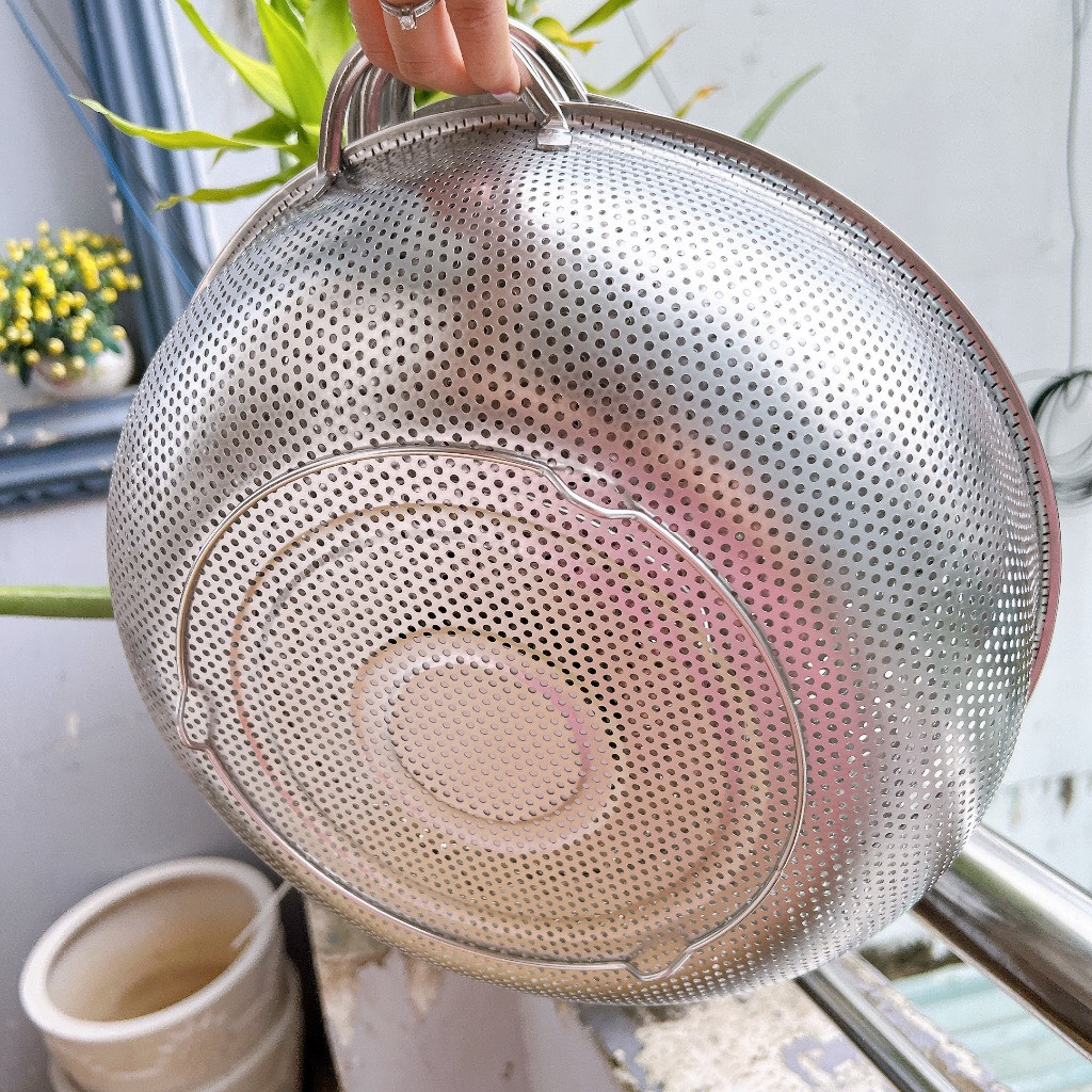 Rổ Inox Tròn 2 QUAI CHERRY, Rổ Inox 201 Không Gỉ Lỗ Lưới Dày - Đồ Chiên Để Ráo Dầu - Đựng Rau Củ Quả