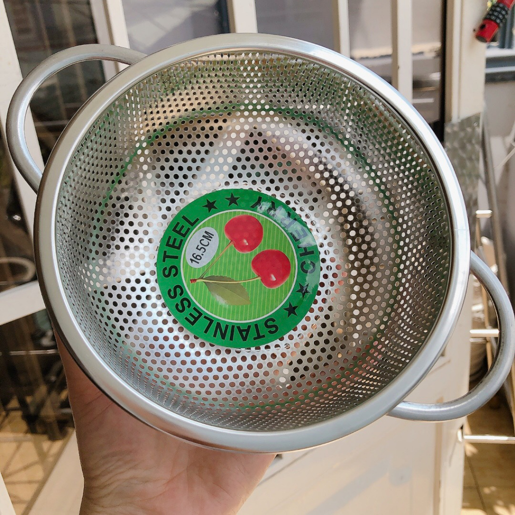 Rổ Inox Tròn 2 QUAI CHERRY, Rổ Inox 201 Không Gỉ Lỗ Lưới Dày - Đồ Chiên Để Ráo Dầu - Đựng Rau Củ Quả