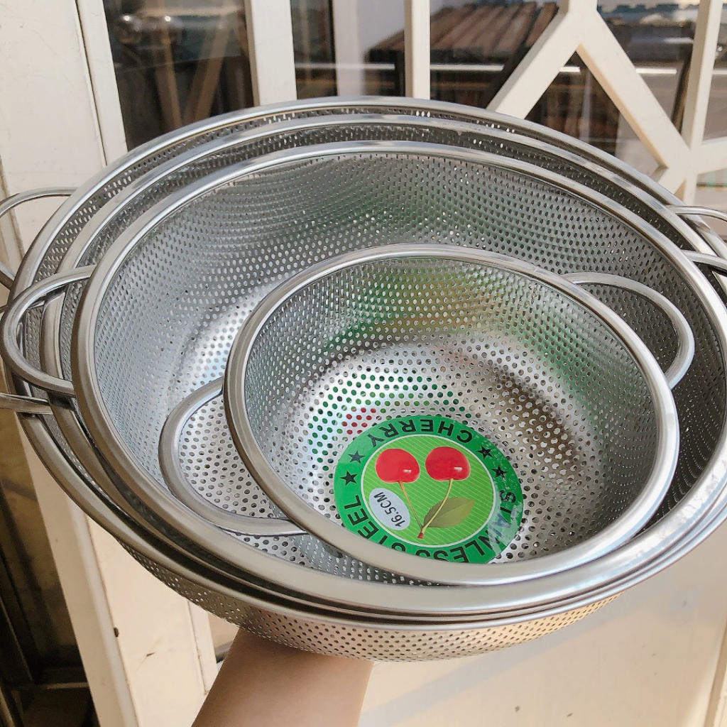 Rổ Inox Tròn 2 QUAI CHERRY, Rổ Inox 201 Không Gỉ Lỗ Lưới Dày - Đồ Chiên Để Ráo Dầu - Đựng Rau Củ Quả
