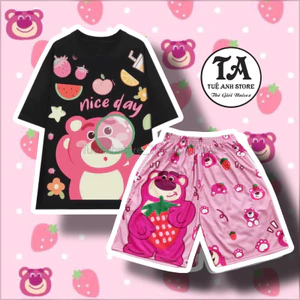 Set Bộ Đùi Gấu Dâu Đen Lotso cotton quần áo hoạt hình hoạ tiết đáng yêu Mặc nhóm Đi Biển - Bộ mặc nhà Cartoon form rộng