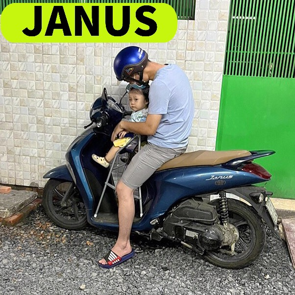 Ghế ngồi xe máy JANUS cho bé , Ghế ga xếp sắt sơn tĩnh điện gấp gọn