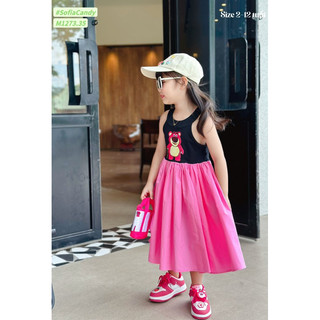 (Chính hãng) Váy đầm gấu dâu cho bé gái. Váy xoè gấu dâu Lotso cổ yếm áo đen chân váy hồng 13-45kg Sofia Candy