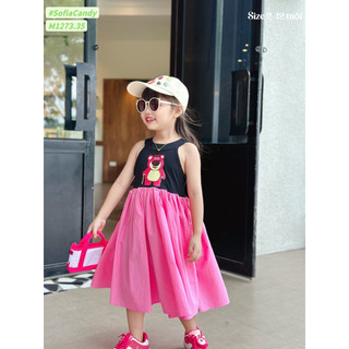 (Chính hãng) Váy đầm gấu dâu cho bé gái. Váy xoè gấu dâu Lotso cổ yếm áo đen chân váy hồng 13-45kg Sofia Candy