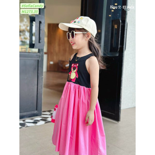 (Chính hãng) Váy đầm gấu dâu cho bé gái. Váy xoè gấu dâu Lotso cổ yếm áo đen chân váy hồng 13-45kg Sofia Candy