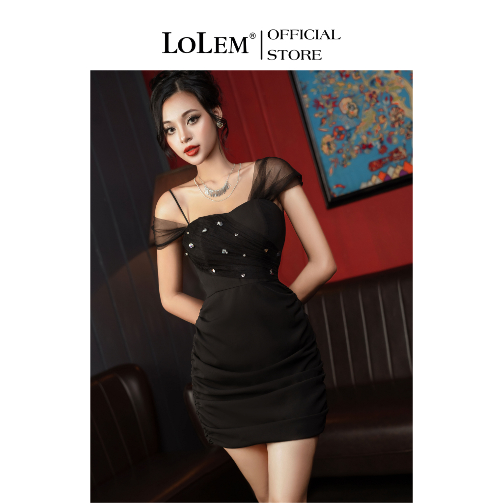 Đầm trễ vai body LOLEM DO240 phối lưới đính hạt vải chéo Quảng Châu cao cấp