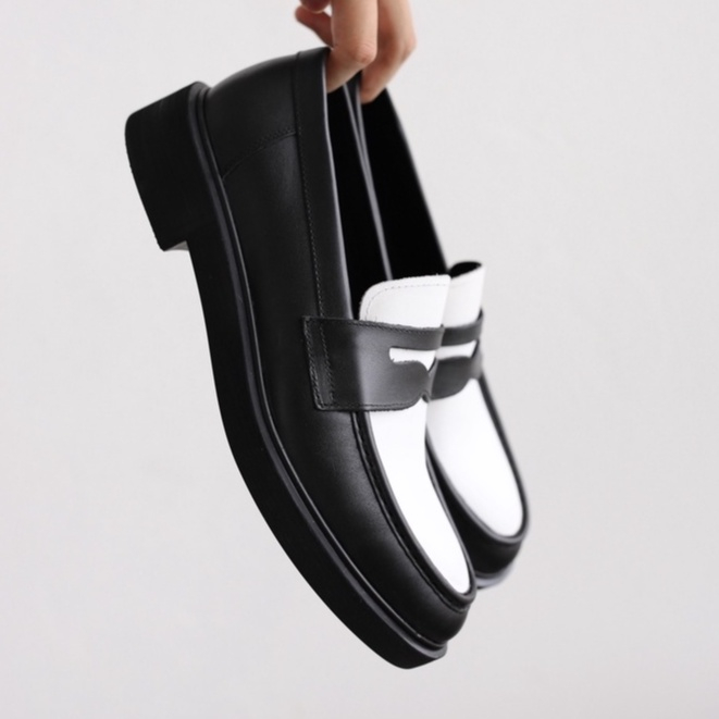 Giày Penny Loafer Phối Màu Đen Trắng, Giày Lười Da Cao Cấp Đế Cao Su 4cm - Xưởng Giày Chelsea Boot