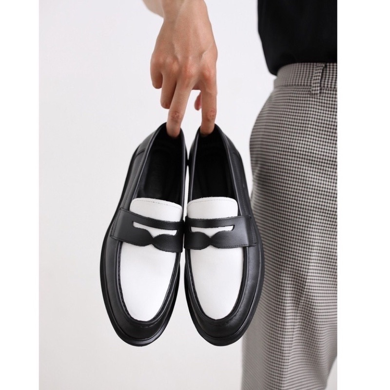 Giày Penny Loafer Phối Màu Đen Trắng, Giày Lười Da Cao Cấp Đế Cao Su 4cm - Xưởng Giày Chelsea Boot