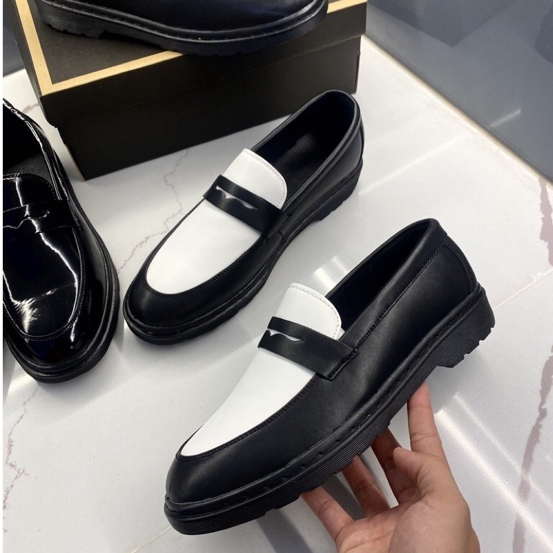 Giày Penny Loafer Phối Màu Đen Trắng, Giày Lười Da Cao Cấp Đế Cao Su 4cm - Xưởng Giày Chelsea Boot