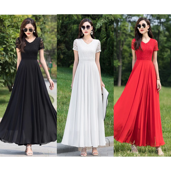 ĐẦM XÒE PHỐI REN CỔ V 2110 đầm dự tiệc, đầm đi chơi, đầm đi dạo, đầm dài