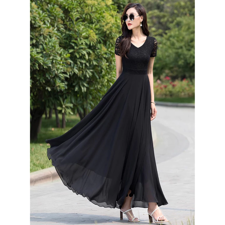ĐẦM XÒE PHỐI REN CỔ V 2110 đầm dự tiệc, đầm đi chơi, đầm đi dạo, đầm dài