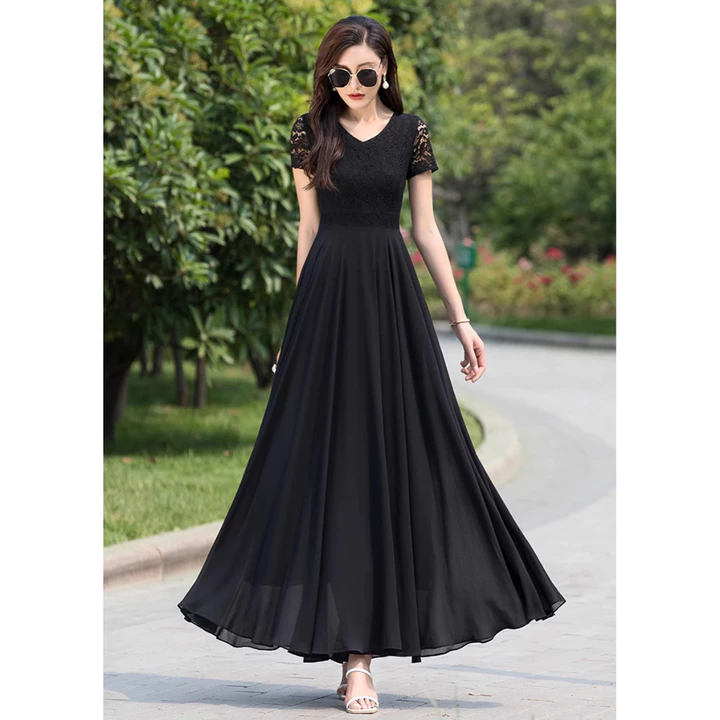 ĐẦM XÒE PHỐI REN CỔ V 2110 đầm dự tiệc, đầm đi chơi, đầm đi dạo, đầm dài