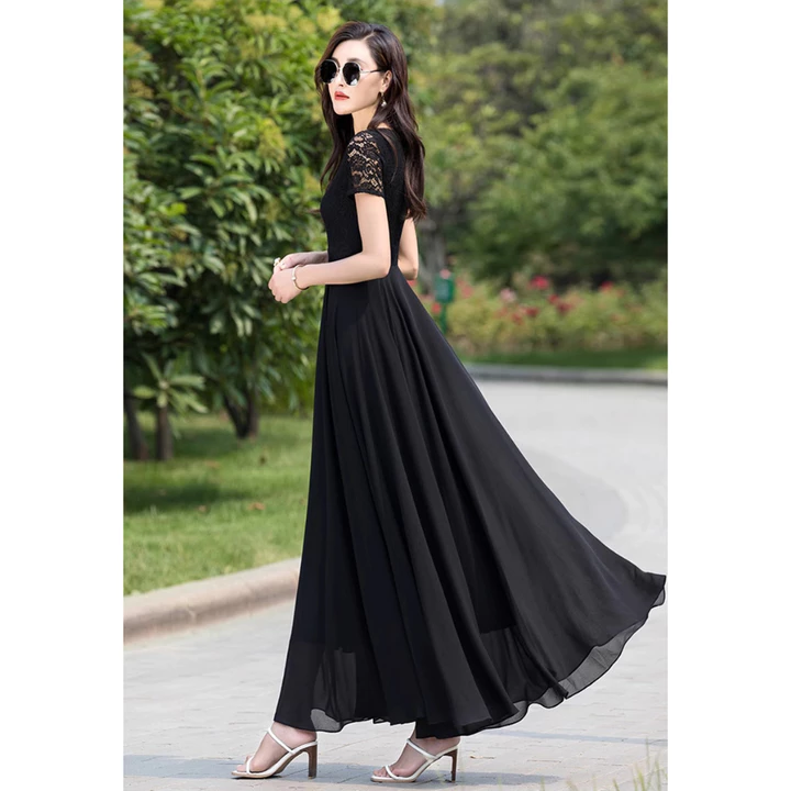 ĐẦM XÒE PHỐI REN CỔ V 2110 đầm dự tiệc, đầm đi chơi, đầm đi dạo, đầm dài