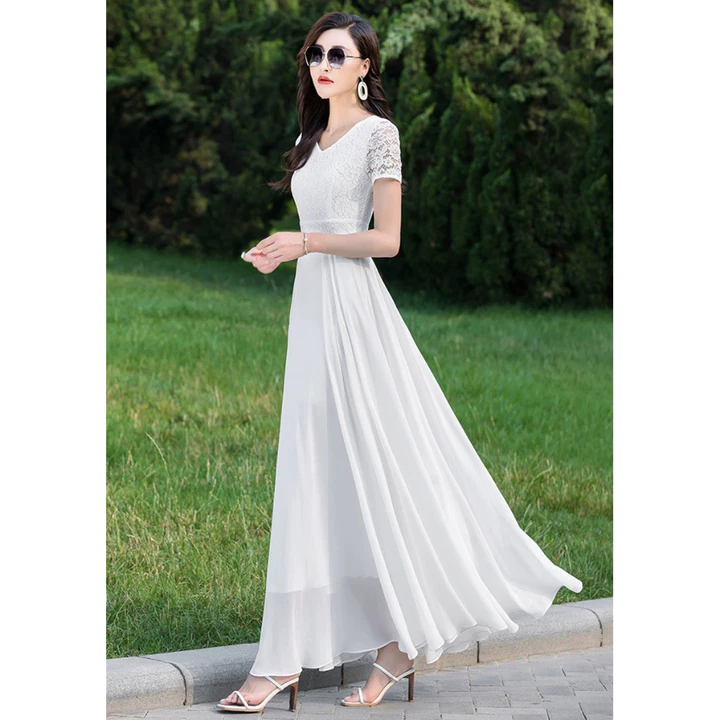 ĐẦM XÒE PHỐI REN CỔ V 2110 đầm dự tiệc, đầm đi chơi, đầm đi dạo, đầm dài