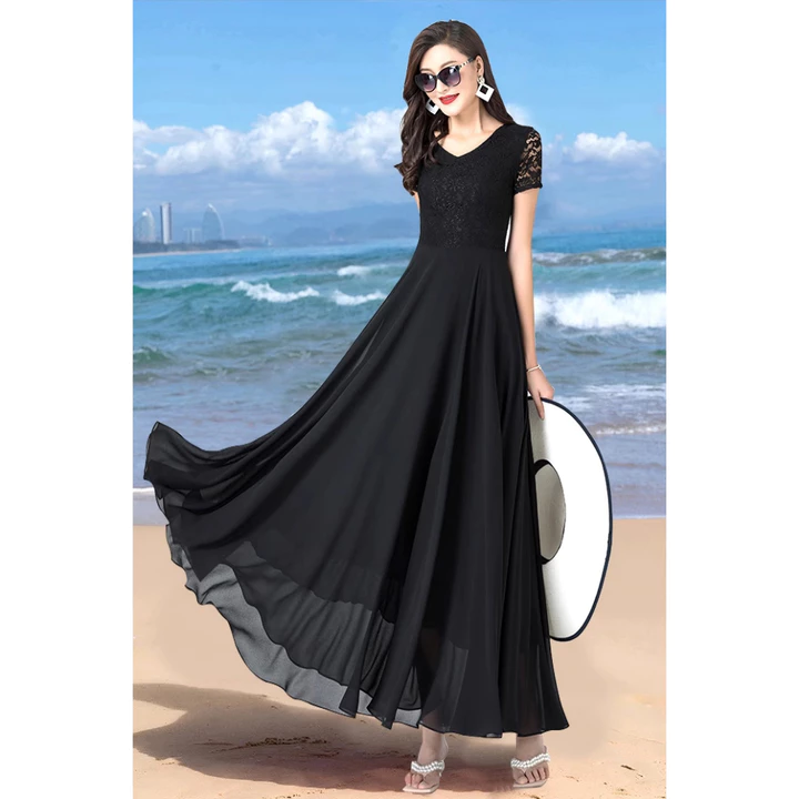 ĐẦM XÒE PHỐI REN CỔ V 2110 đầm dài, đầm dự tiệc, đầm đi chơi