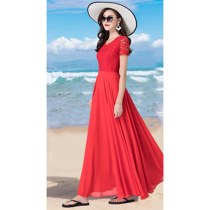 ĐẦM XÒE PHỐI REN CỔ V 2110 đầm dài, đầm dự tiệc, đầm đi chơi