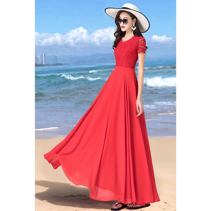 ĐẦM XÒE PHỐI REN CỔ V 2110 đầm dài, đầm dự tiệc, đầm đi chơi