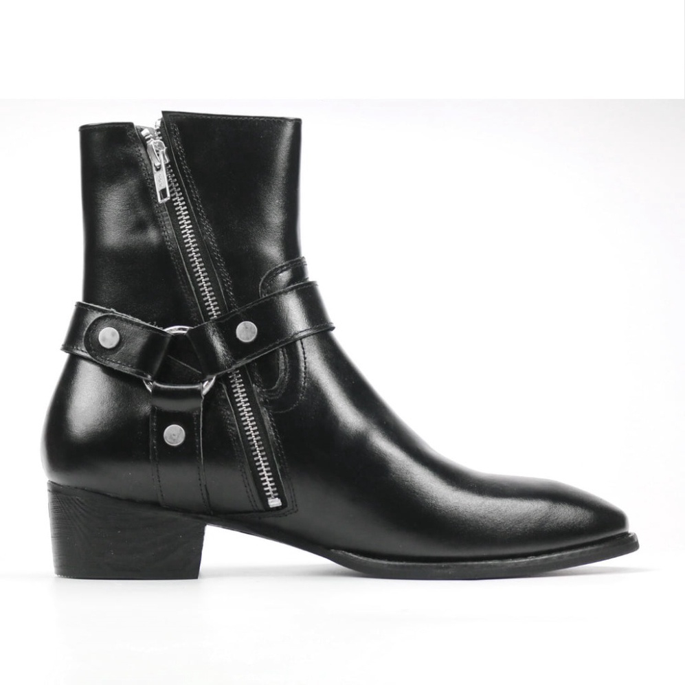 Giày Nam Da Bò Harness Boot, Giày Cao Cổ, Boot Nam Đế Cao 5cm, Giày Nam Cao Cấp Da Nappa Bóng Kéo Khóa Có Đai Xích - 868