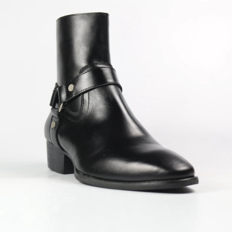Giày Nam Da Bò Harness Boot, Giày Cao Cổ, Boot Nam Đế Cao 5cm, Giày Nam Cao Cấp Da Nappa Bóng Kéo Khóa Có Đai Xích - 868