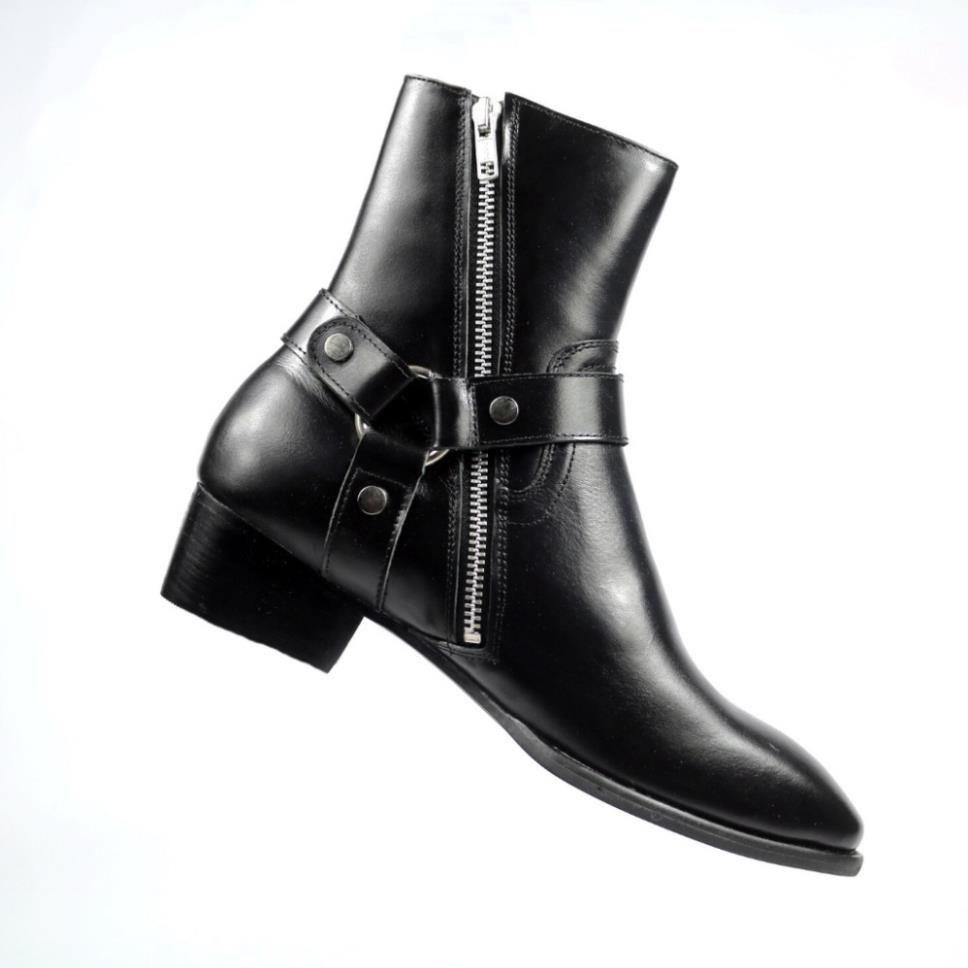 Giày Nam Da Bò Harness Boot, Giày Cao Cổ, Boot Nam Đế Cao 5cm, Giày Nam Cao Cấp Da Nappa Bóng Kéo Khóa Có Đai Xích - 868