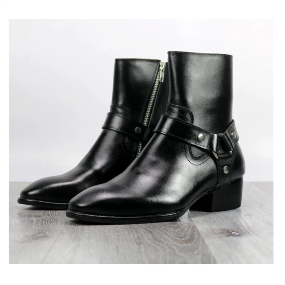 Giày Nam Da Bò Harness Boot, Giày Cao Cổ, Boot Nam Đế Cao 5cm, Giày Nam Cao Cấp Da Nappa Bóng Kéo Khóa Có Đai Xích - 868