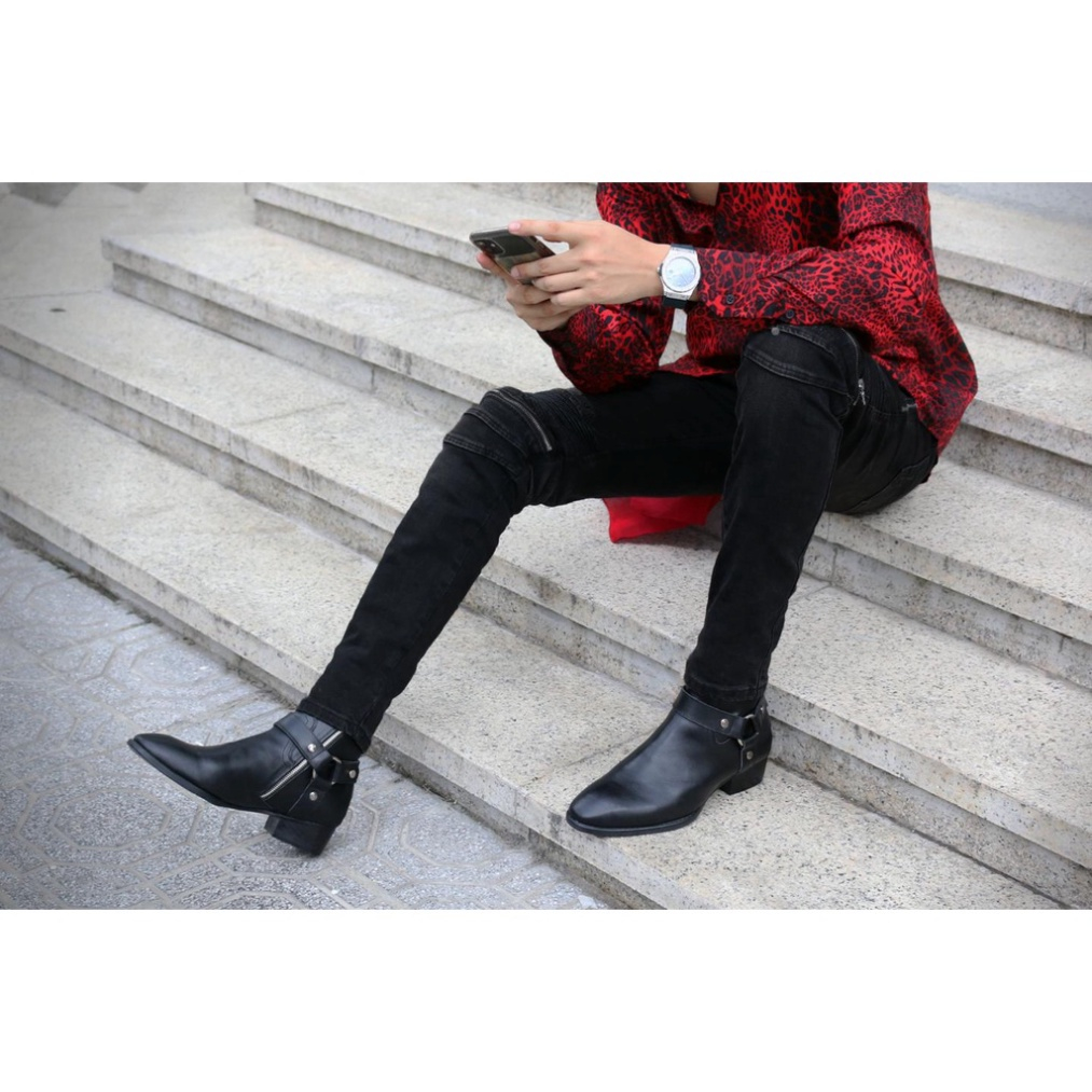 Giày Nam Da Bò Harness Boot, Giày Cao Cổ, Boot Nam Đế Cao 5cm, Giày Nam Cao Cấp Da Nappa Bóng Kéo Khóa Có Đai Xích - 868