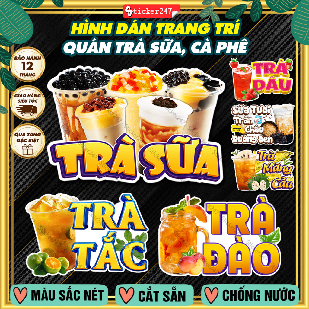 Decal Trang Trí Quán Hình Ly Trà Sữa, Sinh Tố, Trà Tắc, Trà Đào, Trà Trái Cây 🌈𝑭𝒓𝒆𝒆𝒔𝒉𝒊𝒑 Decal Trà Sữa Dán Tường, Kính