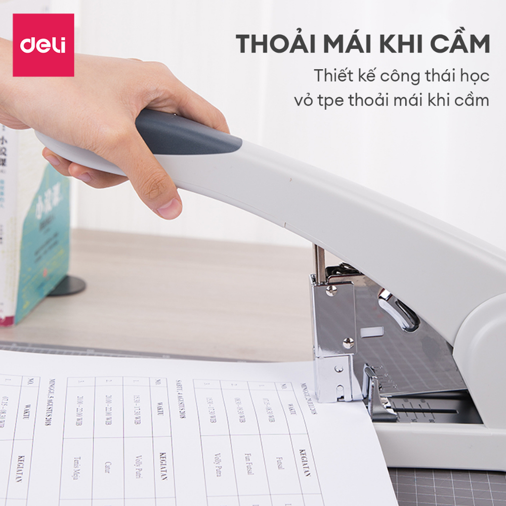 Dập ghim to 210 tờ Deli, bàn dập ghim cỡ lớn trợ lực, máy bấm ghim tiện lợi, ghim nhiều trang, chất lượng cao